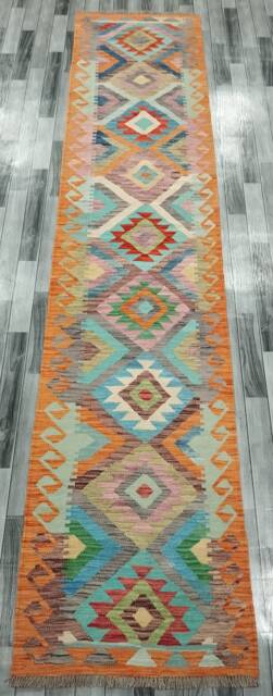 Traditional Runner Rug, Handmade Artisan Afghan Turkish Aztec Navajo Wool Kilim Rug 394x84 cm - image 1