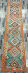 Traditional Runner Rug, Handmade Artisan Afghan Turkish Aztec Navajo Wool Kilim Rug 394x84 cm - thumbnail 1
