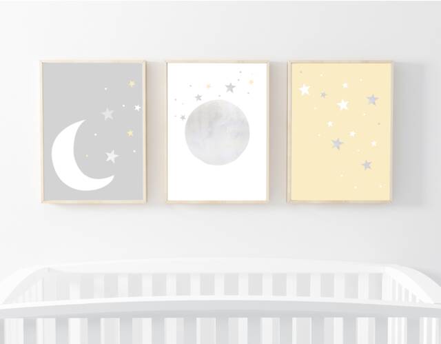Nursery Prints Set Of 3 For Nursery Moon & Stars White Grey Gender Neutral Print - image 1