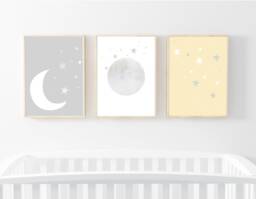 Nursery Prints Set Of 3 For Nursery Moon & Stars White Grey Gender Neutral Print - thumbnail 1