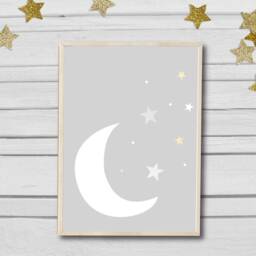 Nursery Prints Set Of 3 For Nursery Moon & Stars White Grey Gender Neutral Print - thumbnail 2