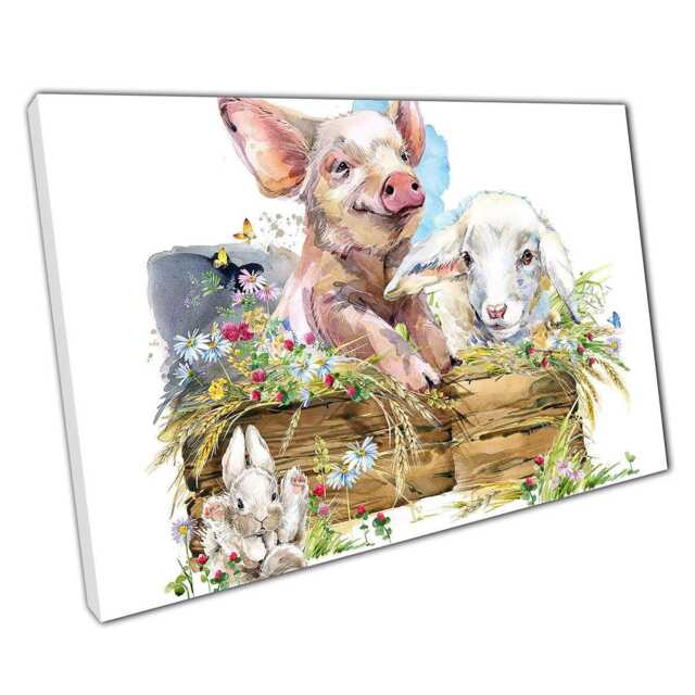 Watercolour Farm Animal Friends Canvas Art Print - Pig Lamb Rabbit Chick Decor For Home Office - image 1