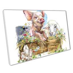 Watercolour Farm Animal Friends Canvas Art Print - Pig Lamb Rabbit Chick Decor For Home Office - thumbnail 1