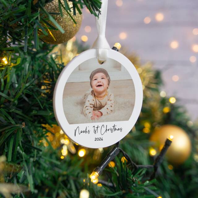 Baby's First Christmas Bauble Hanging Decoration. Child's 1st Xmas Photo Dec Printed With Custom Photograph Grandparent Babys Gift - image 1