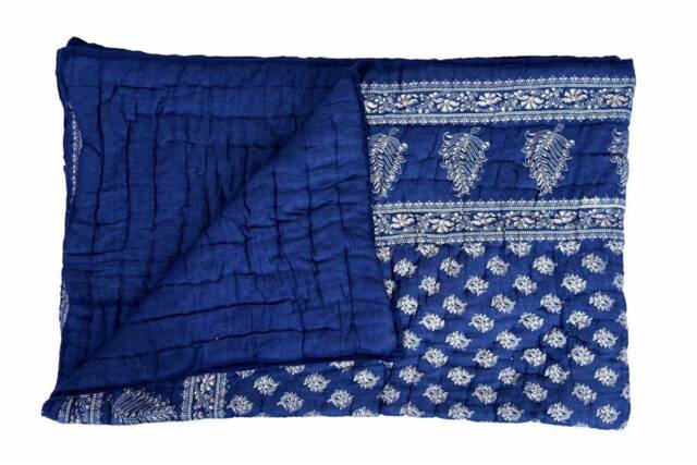 Hand Block Gold Print Indian Quilt - Lightweight Cotton Kantha Bedspread - image 1