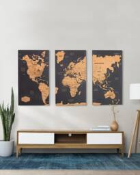 3 Panel World Map Wall Art Above Bed Decor, Push Pin Travel Map, Large Wood 5Th Anniversary Gift - thumbnail 1