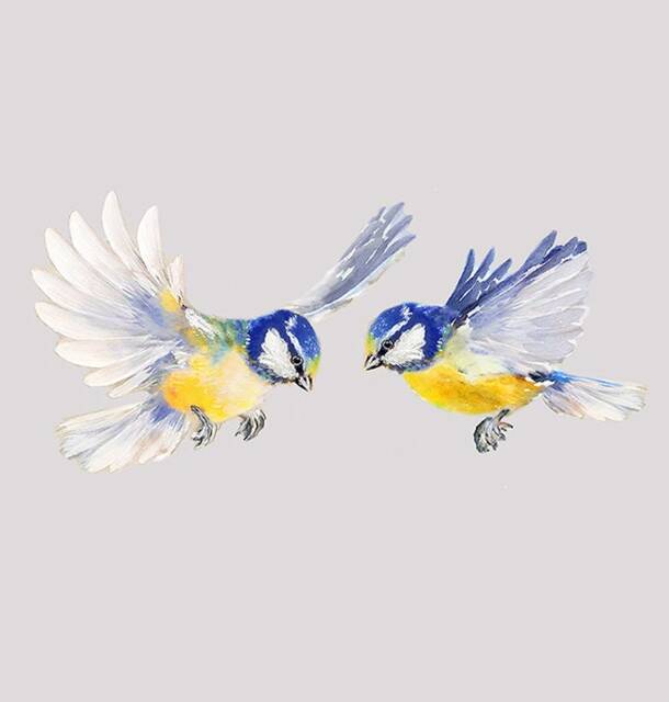 2 Flying Birds, Wall Decal Bird, Bird Stickers, Get Well Gift, Sticker, Watercolor Blue Tit