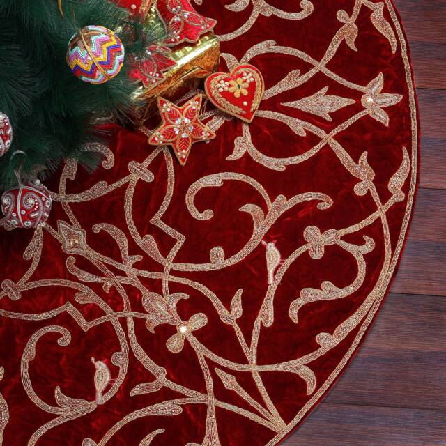 Red Christmas Tree Skirt 60 Inch Extra Large Velvet Partridge Bird Tree Skirt Decorations Gift - image 1