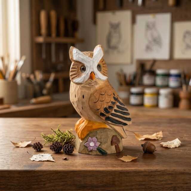 Whimsical Hand-Carved Wooden Owl Figurine, Rustic Woodland Animal Decor, Unique Bird Sculpture, Nature Lover Desk Gift Idea - image 1