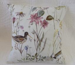Handmade Pink Wetland Bird & Wildflower Cushion Cover, 16 - thumbnail 1