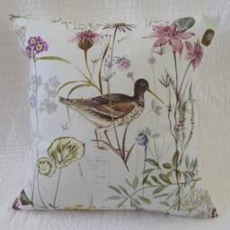 Handmade Pink Wetland Bird & Wildflower Cushion Cover, 16 - thumbnail 2