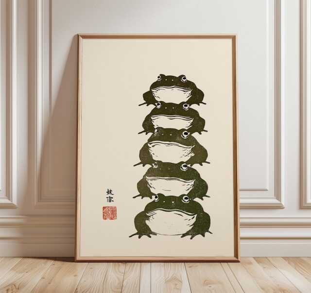 stacked Frogs Poster, Japanese Minimalist Art Print, Funny Animal Wall Art, Zen Nature Decor, Wabi Sabi Inspired Frog Decor - image 1
