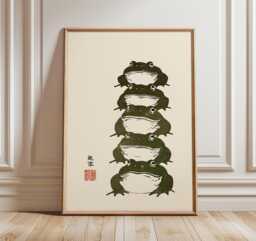 stacked Frogs Poster, Japanese Minimalist Art Print, Funny Animal Wall Art, Zen Nature Decor, Wabi Sabi Inspired Frog Decor - thumbnail 1
