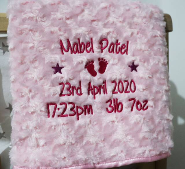 Personalised Baby Blanket Luxury Rosebud Style Pink Round Font Name Date Time Weight Print - image 1