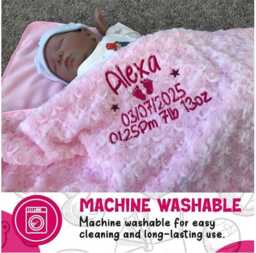 Personalised Baby Blanket Luxury Rosebud Style Pink Round Font Name Date Time Weight Print - thumbnail 4