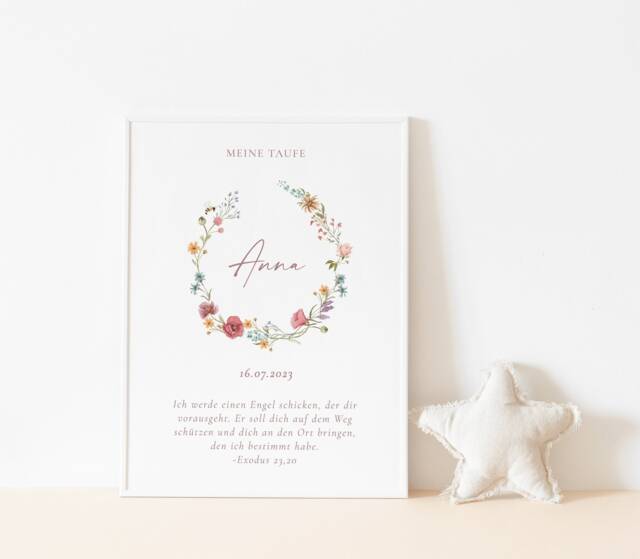 Baptism Poster Flowers, Baptism Poster, Gift Godchild, Personalized, Decoration Girl, Wildflower - image 1