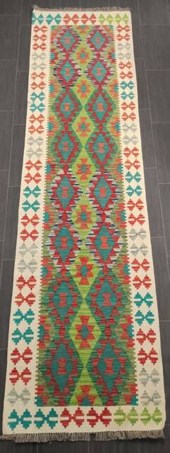Multicolour Runner Rug, Handmade Artisan Afghan Turkish Persian Qashqai Navajo Bohemian Natural Wool Flatweave Kilim Rug 306x81 cm - image 1