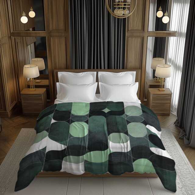 Midcentury Modern Geometric Pattern Comforter, Dark & Light Green, Moody Scandinavian Bedding Gift For Eclectic Bedroom Decor #251 - image 1