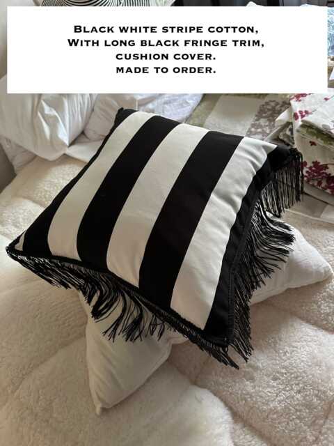 Black White Striped Fringed Cotton Cushion Cover. Big Throw Pillow, Living Room Accent, Monochrome, Striped Sofa Cushion, Luxury Fringed - image 1