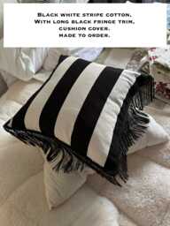 Black White Striped Fringed Cotton Cushion Cover. Big Throw Pillow, Living Room Accent, Monochrome, Striped Sofa Cushion, Luxury Fringed
