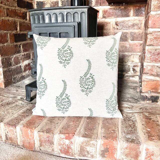 1315. Green Humber Block Print Linen Look 100% Cotton Cushion Cover - image 1