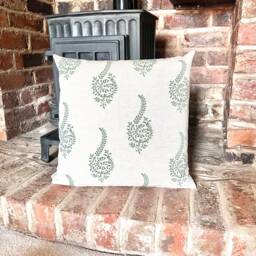 1315. Green Humber Block Print Linen Look 100% Cotton Cushion Cover - thumbnail 1