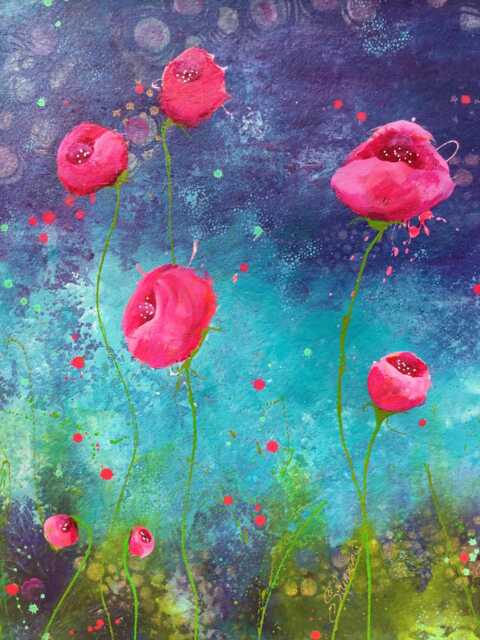 Hand Painted Pink Poppies Floor Cloth Bohemian Vintage Rug - image 1