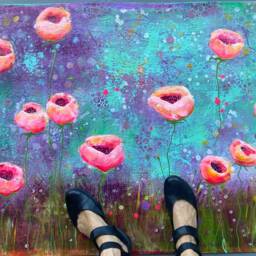Hand Painted Pink Poppies Floor Cloth Bohemian Vintage Rug - thumbnail 4