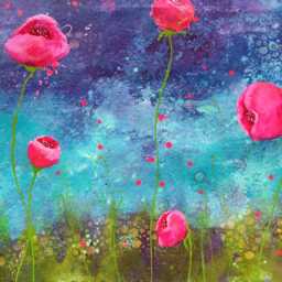 Hand Painted Pink Poppies Floor Cloth Bohemian Vintage Rug - thumbnail 3
