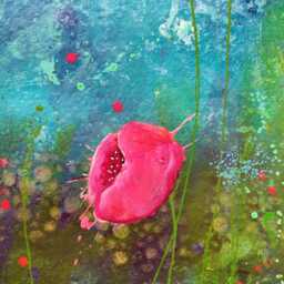 Hand Painted Pink Poppies Floor Cloth Bohemian Vintage Rug - thumbnail 2