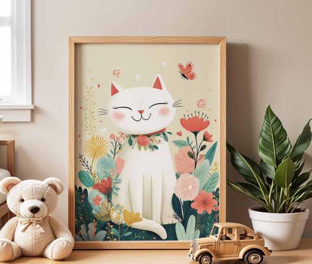 Cat Nursery Poster, Cute Animal Wall Art, Baby Room Decor, Kids Bedroom Print, Playroom Floral Artwork