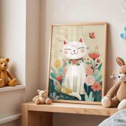 Cat Nursery Poster, Cute Animal Wall Art, Baby Room Decor, Kids Bedroom Print, Playroom Floral Artwork - thumbnail 3