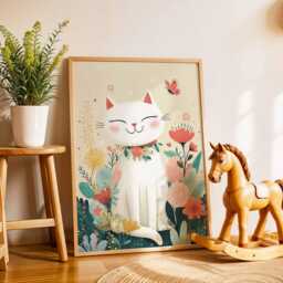 Cat Nursery Poster, Cute Animal Wall Art, Baby Room Decor, Kids Bedroom Print, Playroom Floral Artwork - thumbnail 2