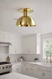 Mid Century Modern Brass Ceiling Light, Dome Kitchen Fixture Semi Flush Mount Minimalist Lamp - thumbnail 1