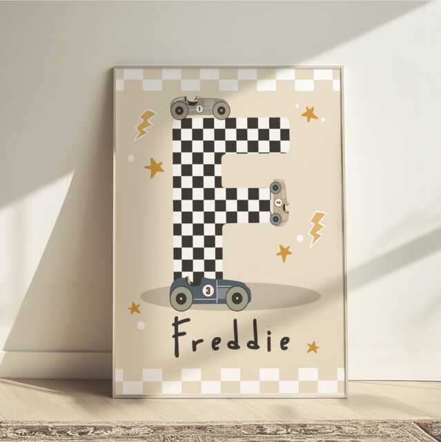 Personalised Race Car Name Print in Beige, Checkered Flag Initial Boy Print, Bedroom Decor - image 1