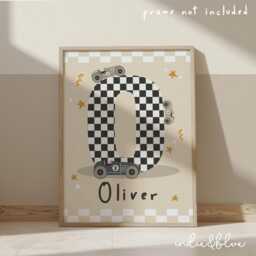 Personalised Race Car Name Print in Beige, Checkered Flag Initial Boy Print, Bedroom Decor - thumbnail 2