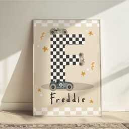 Personalised Race Car Name Print in Beige, Checkered Flag Initial Boy Print, Bedroom Decor - thumbnail 1