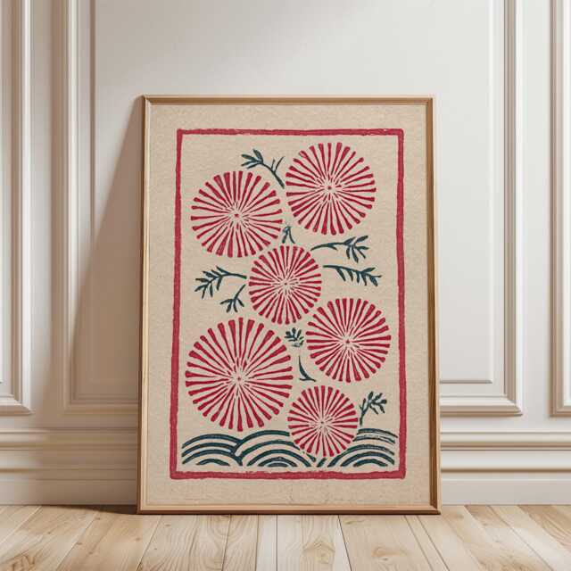 Red Floral Poster - Folk Botanical Illustration Textured Mid Century Wall Art - image 1