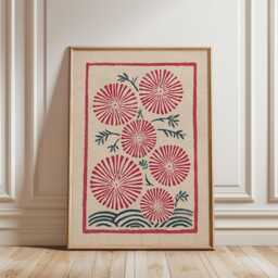 Red Floral Poster - Folk Botanical Illustration Textured Mid Century Wall Art - thumbnail 1