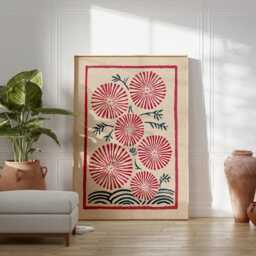 Red Floral Poster - Folk Botanical Illustration Textured Mid Century Wall Art - thumbnail 3