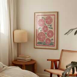 Red Floral Poster - Folk Botanical Illustration Textured Mid Century Wall Art - thumbnail 2