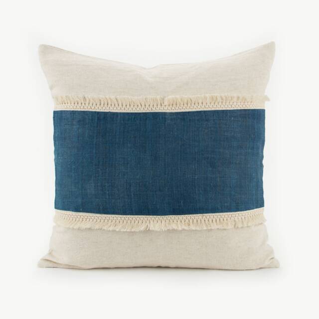 Hmong Hill Tribe Hemp Throw Pillow - Indigo Blue, Tassel Fringe, 20x20 - image 1