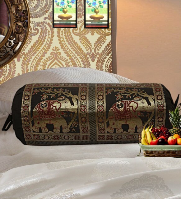 Elephant Brocade Silk Bolster Cover Jacquard Masand Pillow - 30x15 Inches - image 1