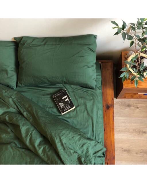 Organic Premium Cotton Bedding Set Dark Green Minimalist Natural Pillow Cases Duvet Cover Fitted Sheet - image 1