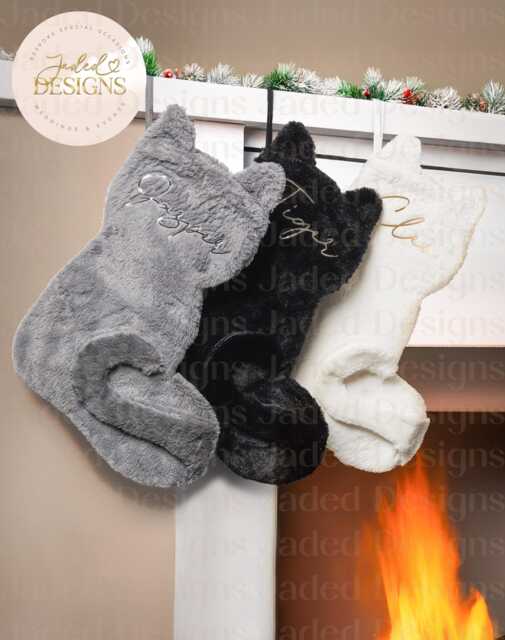 Personalised Cat Christmas Stocking Animal Pet Gift Presents Santa Velvet Glitter Grey White Name Family Boxing Day Eve Fireplace - image 1