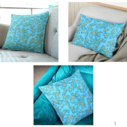 "Blue Moroccan Cushion Covers - Gold Floral Throw Pillow 18""/20" - thumbnail 2