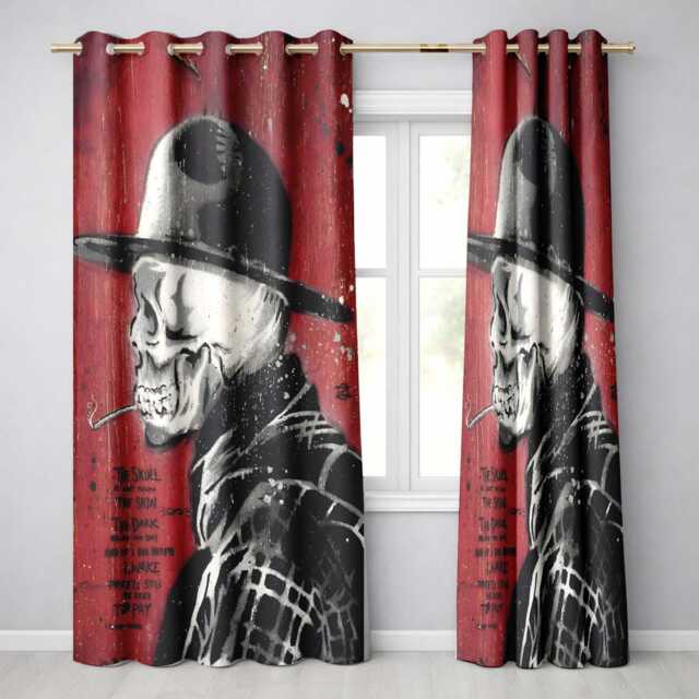 Skull in Bowler Hat On Red Grunge Background Expressive Artwork For Bedroom Decor Readymade Eyelet Ring Top Thermal 100% Blackout Curtains - image 1