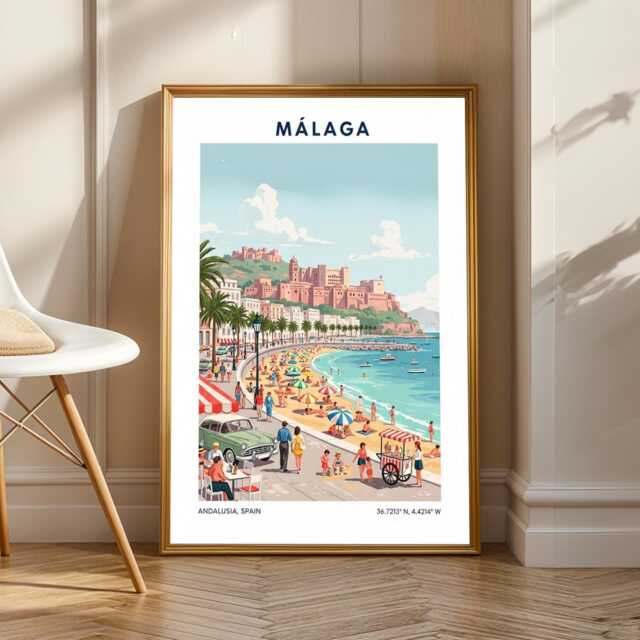 Malaga Beach Vintage Travel Poster Spanish Coastal Art Print - image 1