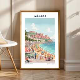 Malaga Beach Vintage Travel Poster Spanish Coastal Art Print - thumbnail 1