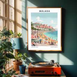 Malaga Beach Vintage Travel Poster Spanish Coastal Art Print - thumbnail 2